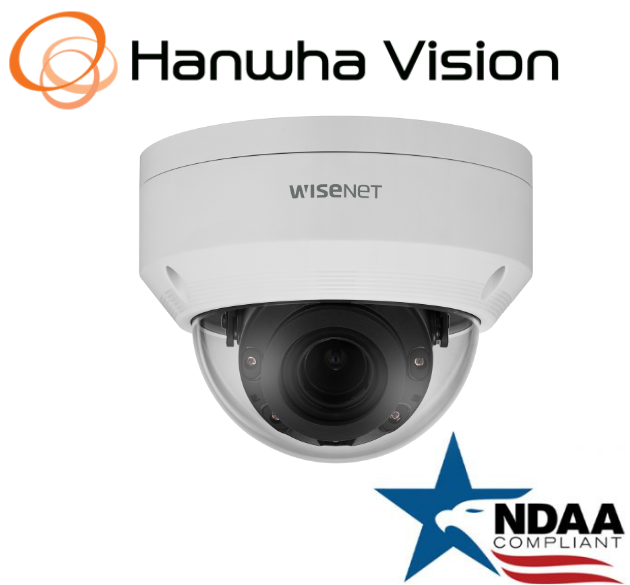 Hanwha Wisenet dome camera front view with IR and POE features