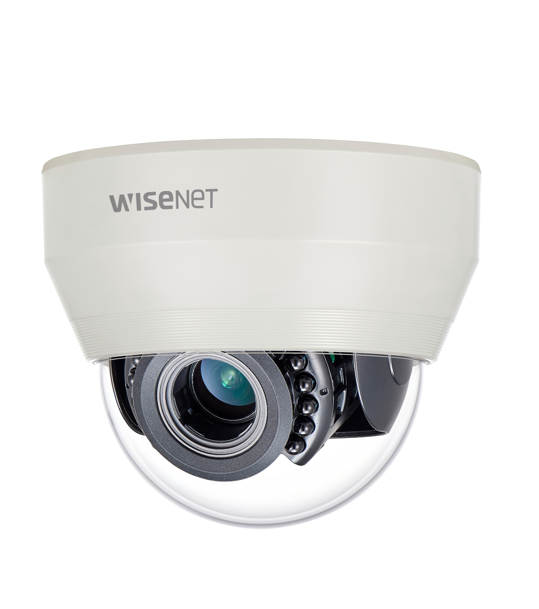 Side angle view of Hanwha Techwin analog dome camera with varifocal lens