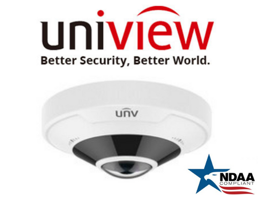 Uniview IPC86CEB-AF18KC-I0 Fisheye NDAA Security Camera.Uniview 12MP fisheye IP camera front view with IK10 vandal protection