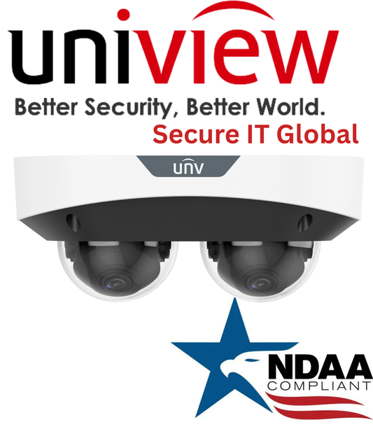 Uniview IPC3224SS-ADF28K-I1 Dual-Lens NDAA Security Camera. Uniview 4MP IP camera front view with dual lens and NDAA compliance
