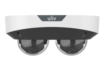 Uniview IPC3224SS-ADF28K-I1 Dual-Lens NDAA Security Camera. Uniview 4MP IP camera front view with dual lens and NDAA compliance