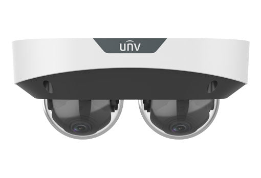 Uniview IPC3224SS-ADF28K-I1 Dual-Lens NDAA Security Camera. Uniview 4MP IP camera front view with dual lens and NDAA compliance