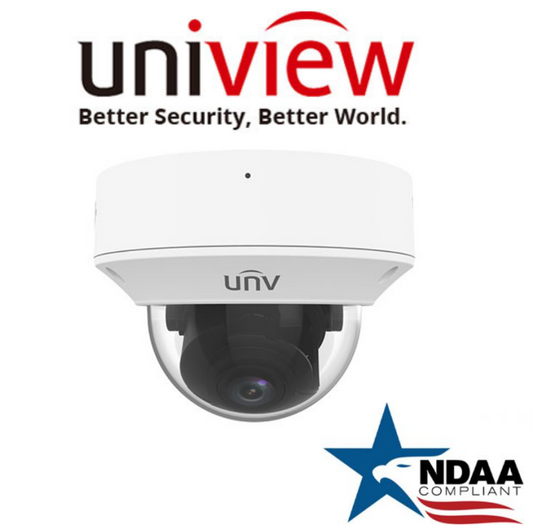 Uniview IPC3234SB-ADZK-I0 LightHunter NDAA Dome Camera.Uniview 4MP IP Dome Camera front view showing motorized varifocal lens